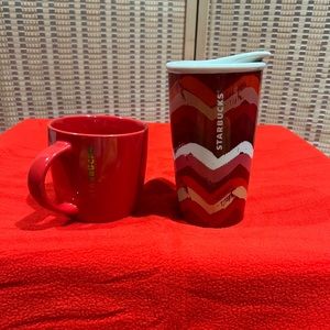 Starbucks 2014 Red Chevron Ceramic Tumbler and 2017 Red Mug with Gold Lettering